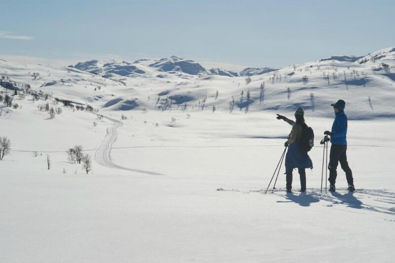 Two People Skiing