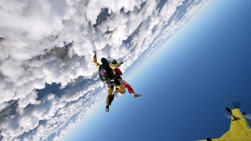 Two People Skydiving — Blue, Dramatic, Afternoon, Photograph, Clouds