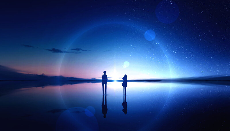 Two People Standing — Blue, Serene