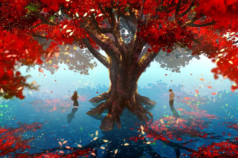 Two People under a Tree — Red