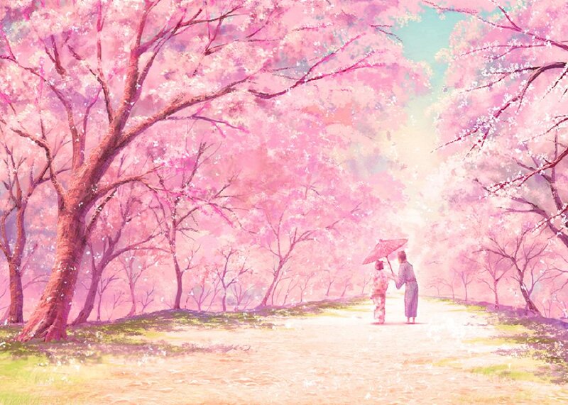 Two People under Cherry Blossoms — Pink, Serene
