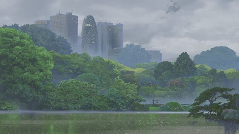 Two People under Umbrellas — Green, Serene, Rainy