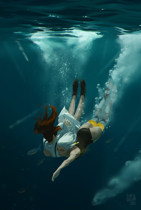 Two People Underwater — Blue, Dramatic, Digital Art, Bubbles