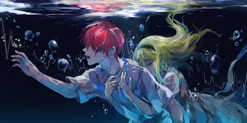 Two People Underwater — Blue, Dramatic, Digital Art