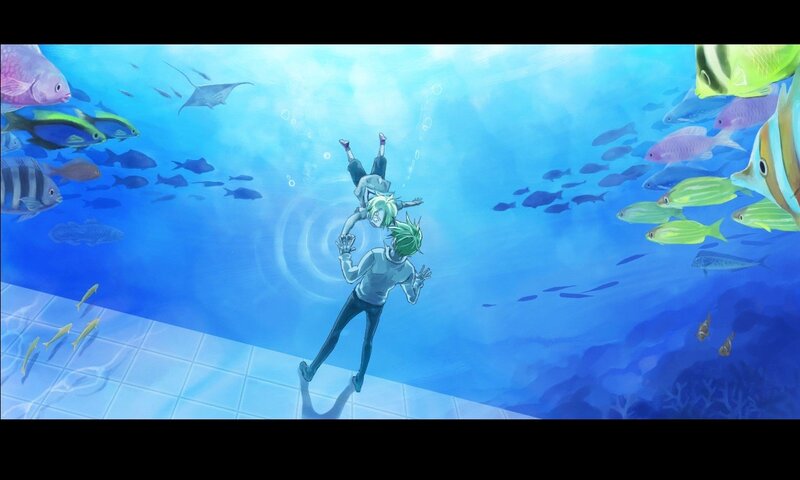 Two People Underwater — Blue, Serene, Anime, Fish