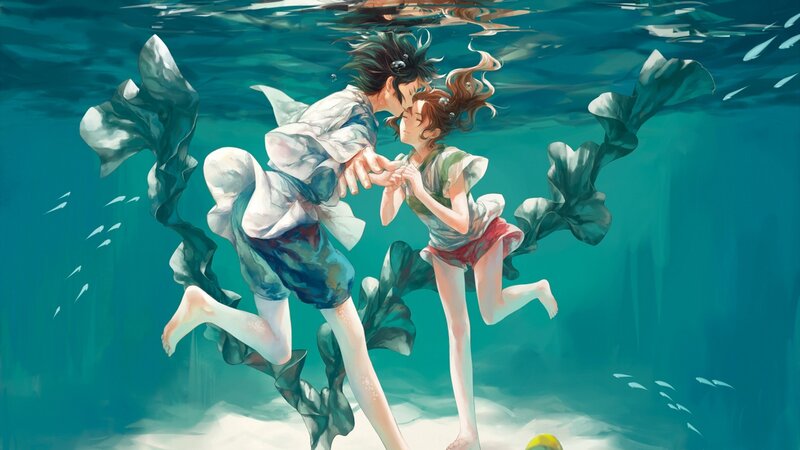 Two People Underwater — Blue, Serene, Digital Art, Seaweed