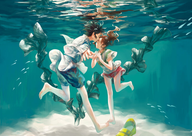 Two People Underwater — Blue, Serene, Digital Art
