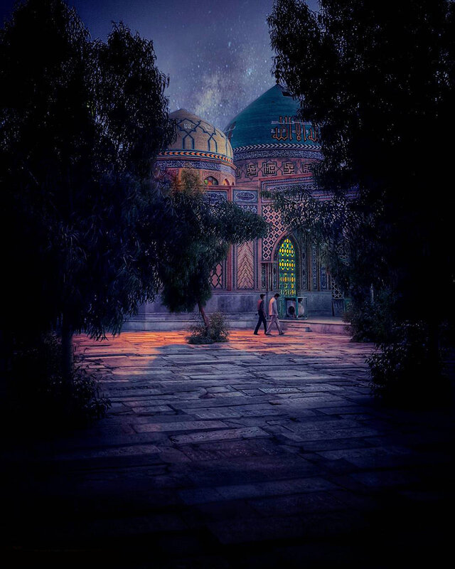 Two People Walking — Blue, Serene, Night