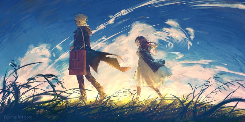 Two People Walking — Blue, Serene, Sunset