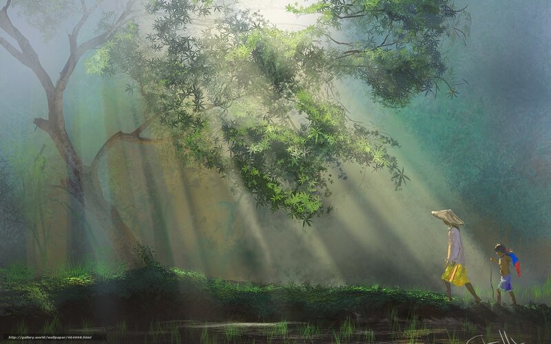 Two People Walking in Forest — Green, Serene