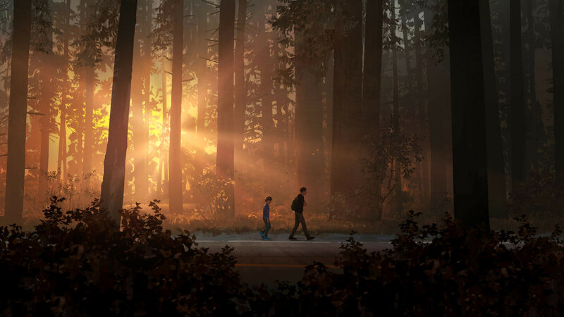 Two People Walking in Forest — Orange, Serene
