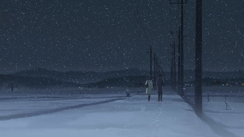 Two people walking in snow at night