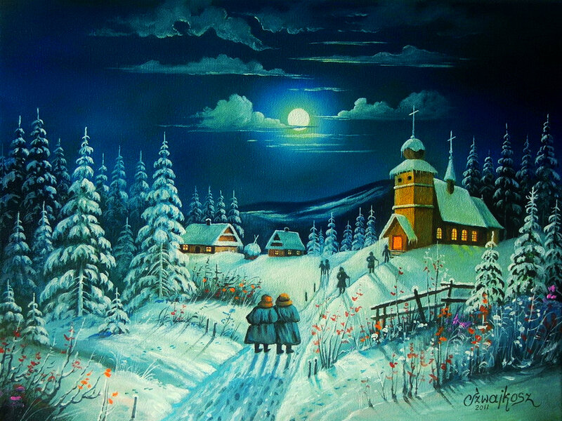 Two People Walking in Snow — Blue, Serene