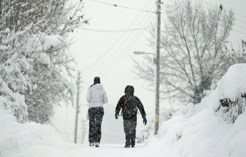 Two People Walking in Snow — White, Cold