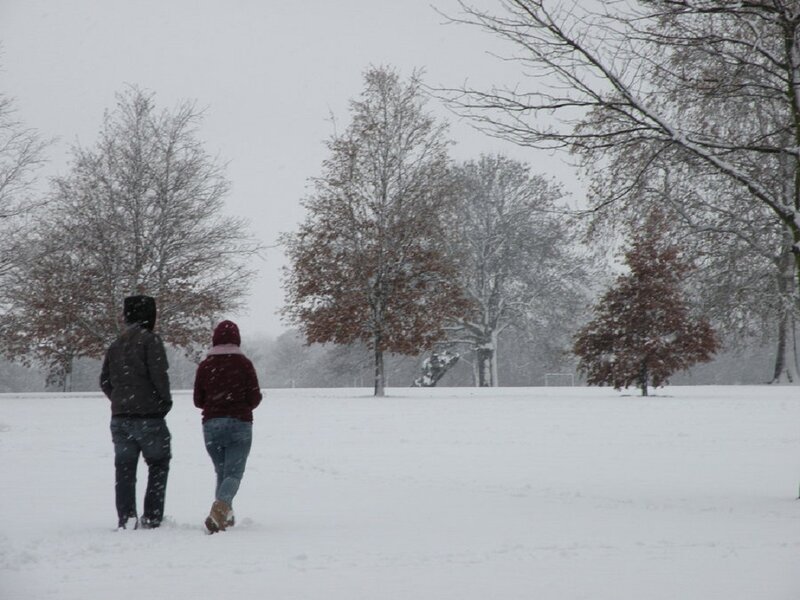 Two People Walking in Snow — White, Cold, Winter