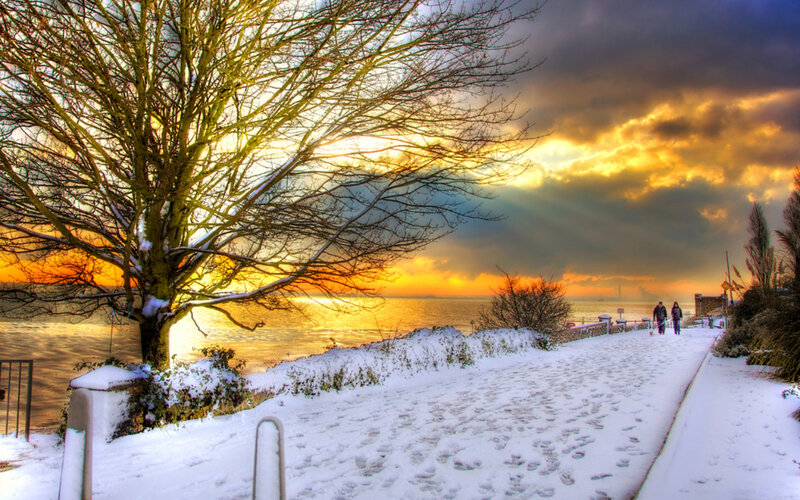 Two People Walking in Snow — White, Dramatic