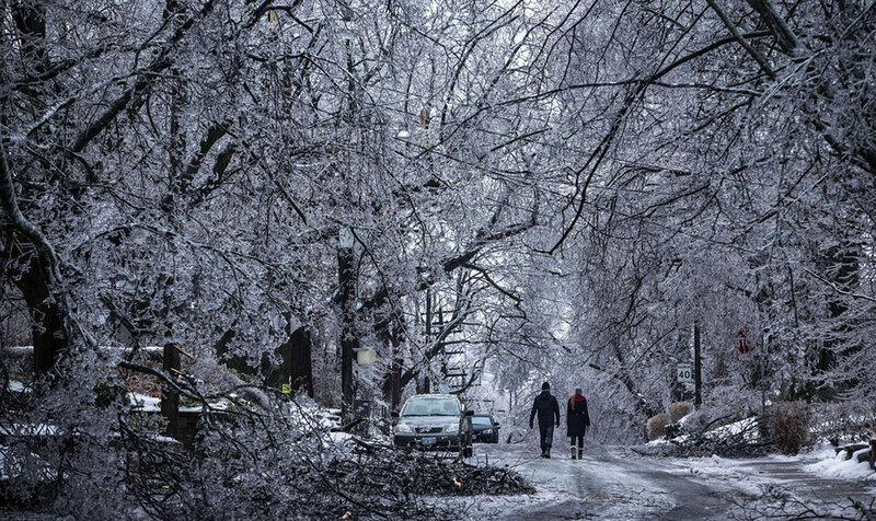 Two People Walking in Snow — White, Dreary