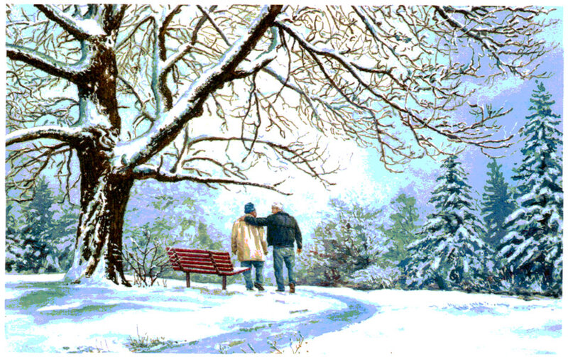Two People Walking in Snow — White, Serene