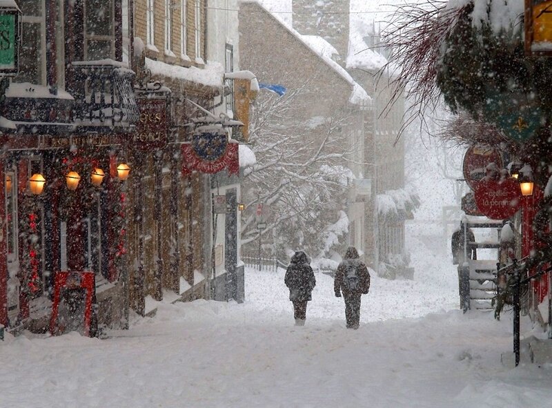 Two People Walking in Snow — White