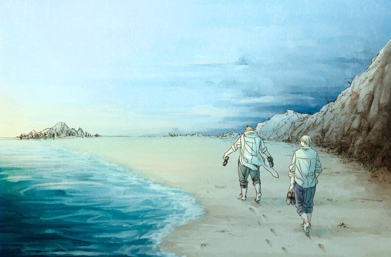 Two People Walking on Beach