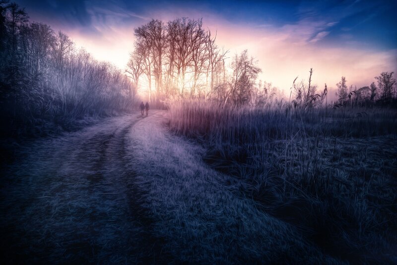 Two People Walking on Path — Blue