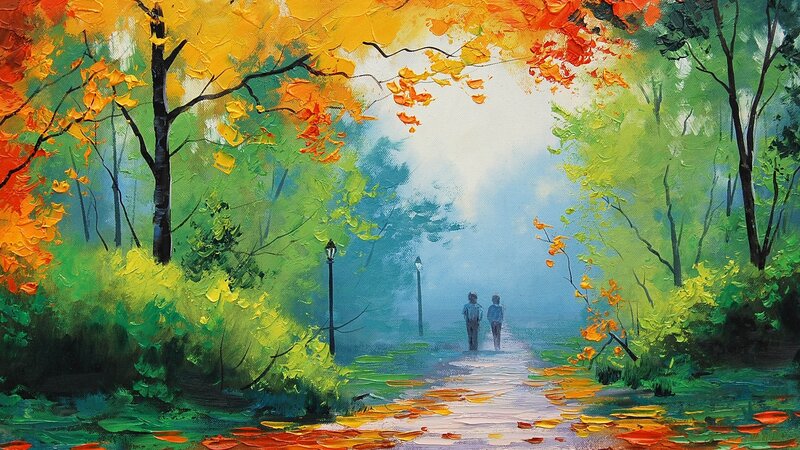 Two People Walking on Path — Green, Serene, Autumn, Painting