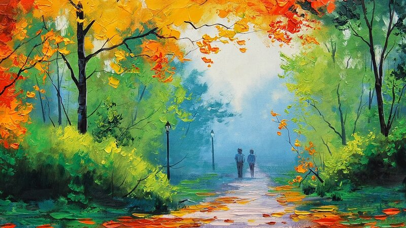 Two People Walking on Path — Green, Serene, Autumn, Painting, Trees, Leaves
