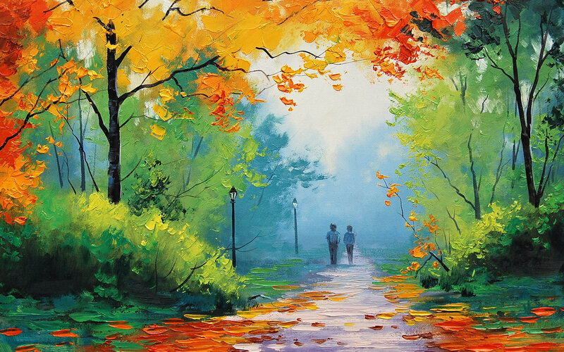 Two People Walking on Path — Green, Serene, Autumn