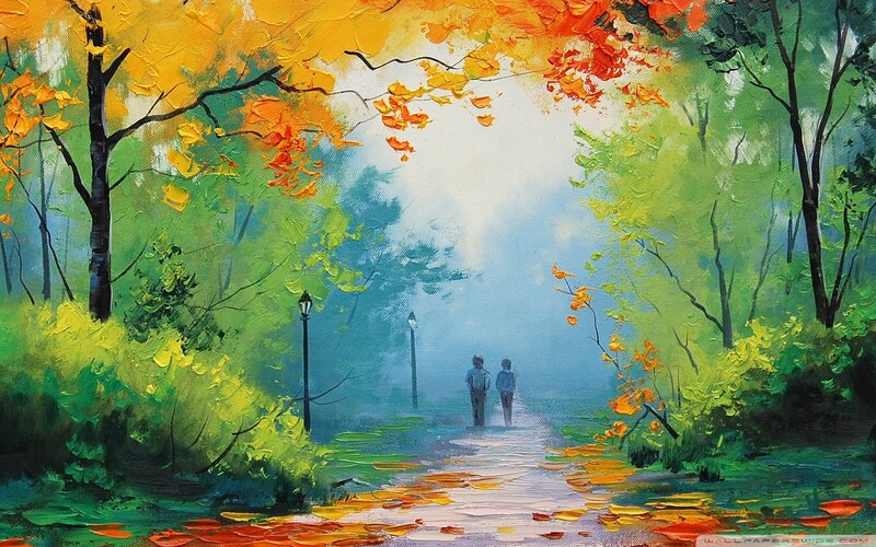 Two People Walking on Path — Green, Serene
