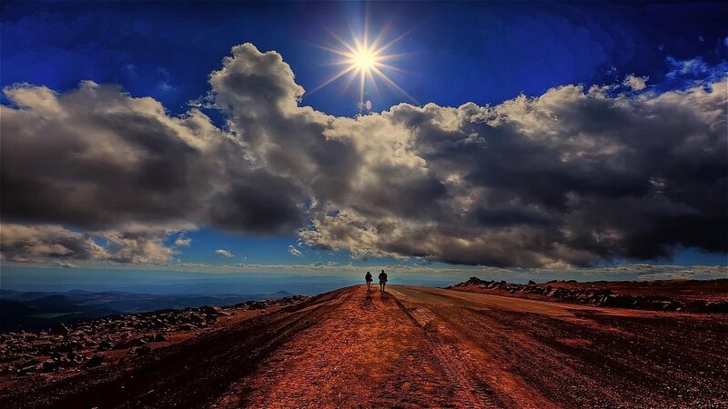 Two People Walking on Road — Blue