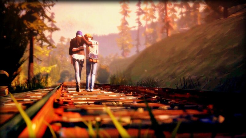 Two People Walking on Tracks — Orange