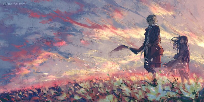Two People Walking — Red, Dramatic, Sunset, Digital Art