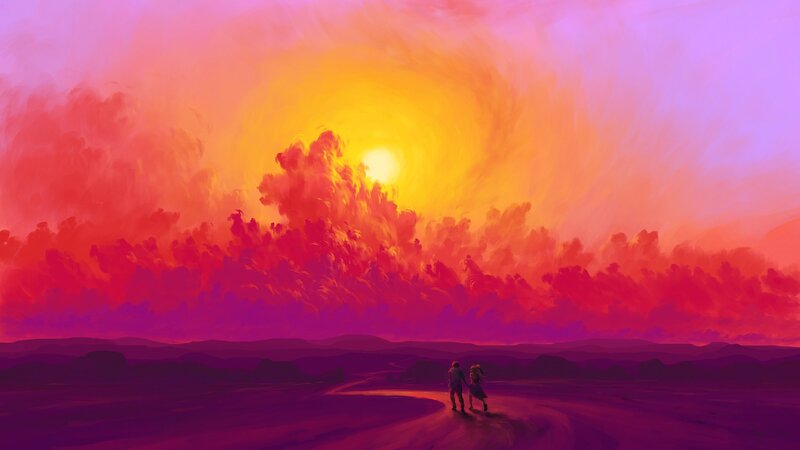 Two People Walking — Red, Dramatic, Sunset