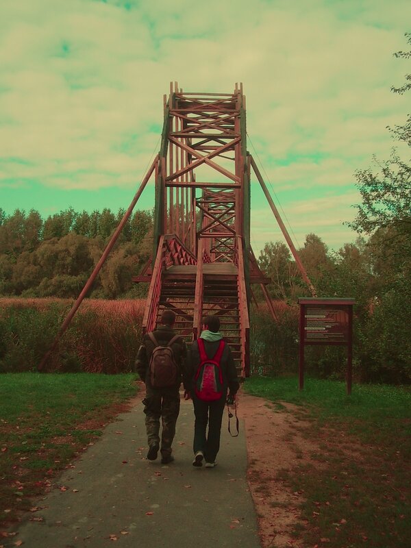 Two people walking to a wooden bridge