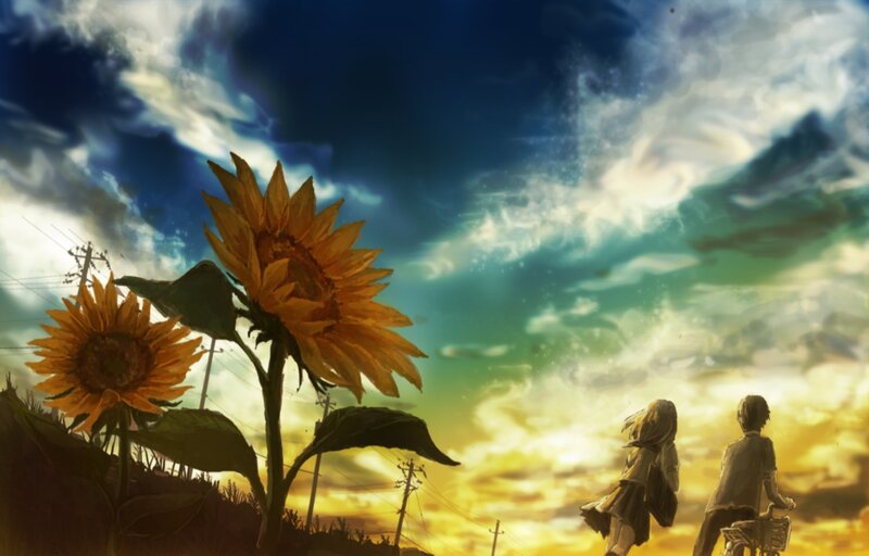 Two People Walking with Sunflowers