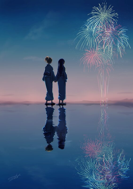 Two People Watching Fireworks — Blue, Serene