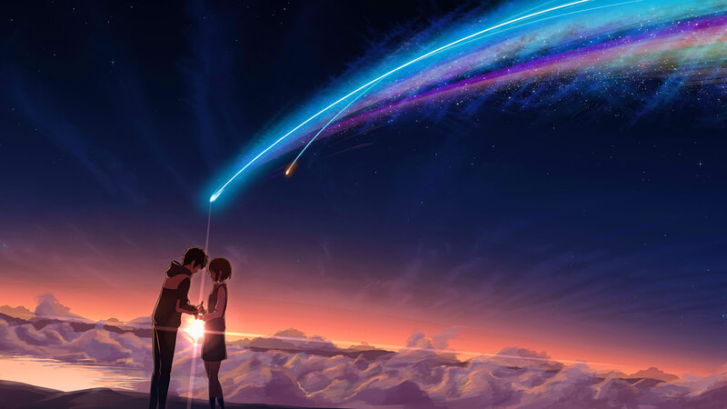 Two People Watching Meteor — Blue, Serene, Night