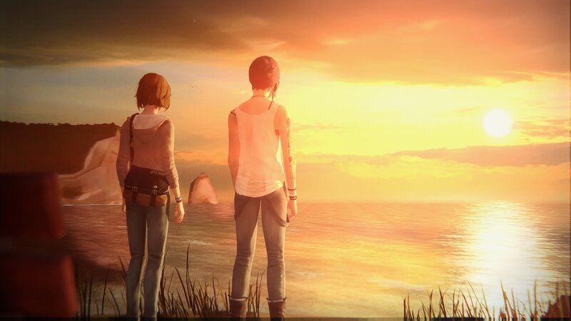 Two People Watching Sunset — Orange, Serene, 3d Render, Ocean, Grass
