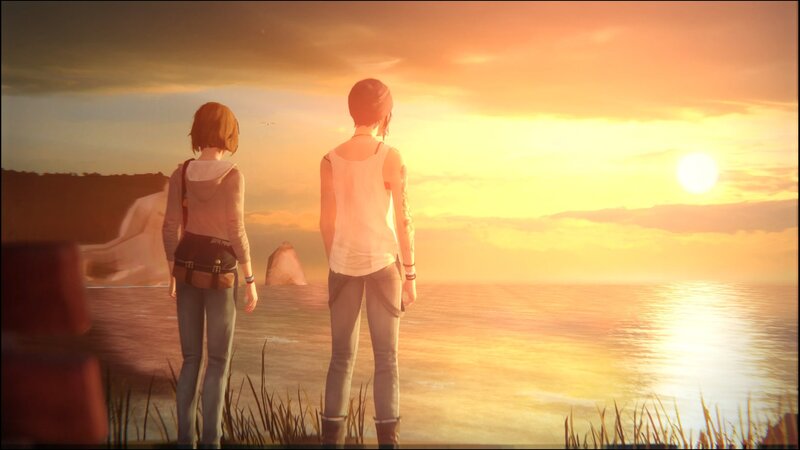 Two People Watching Sunset — Orange, Serene, 3d Render, Ocean, Rocks