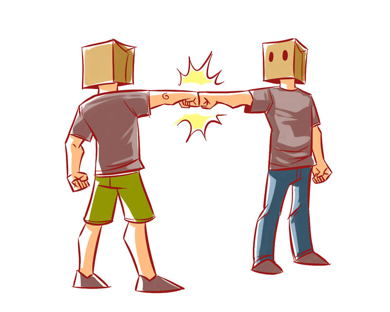 two people with boxes on heads