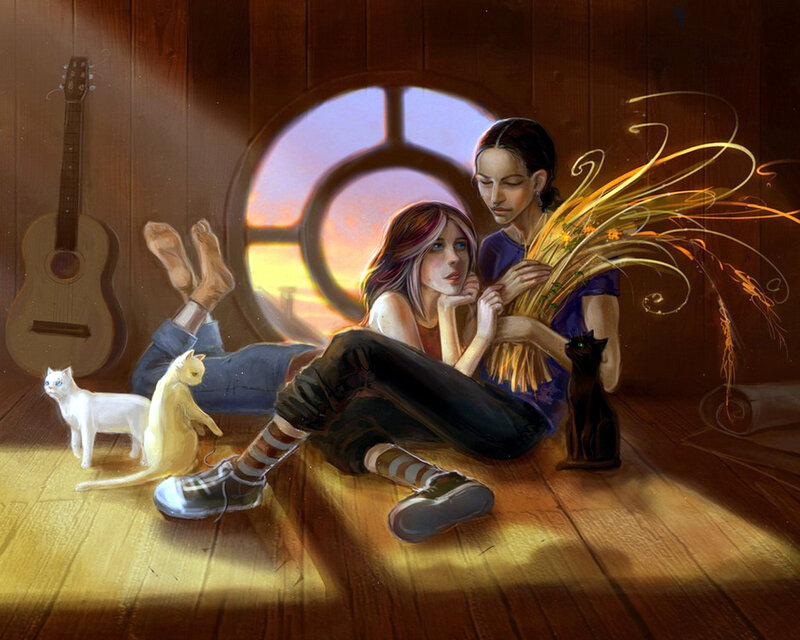Two People with Cats