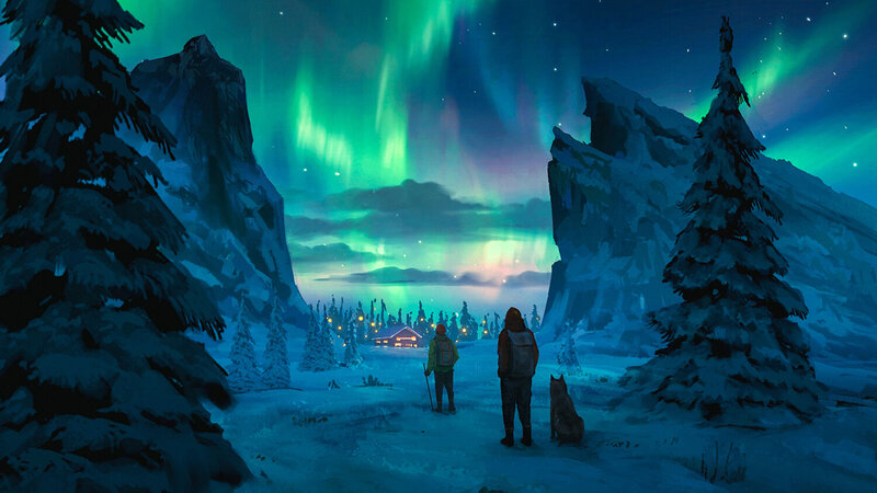 Two People with Dog in Snow