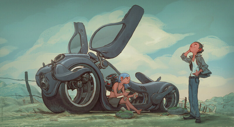 Two People with Futuristic Car