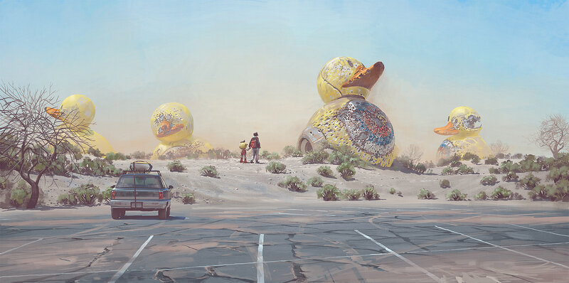 Two People with Giant Ducks