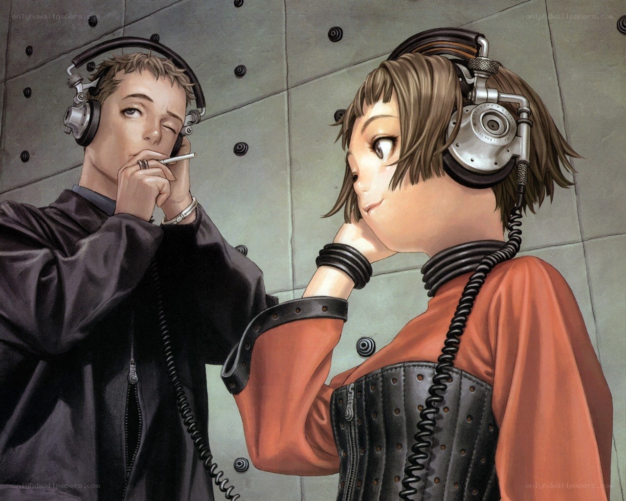 two people with headphones