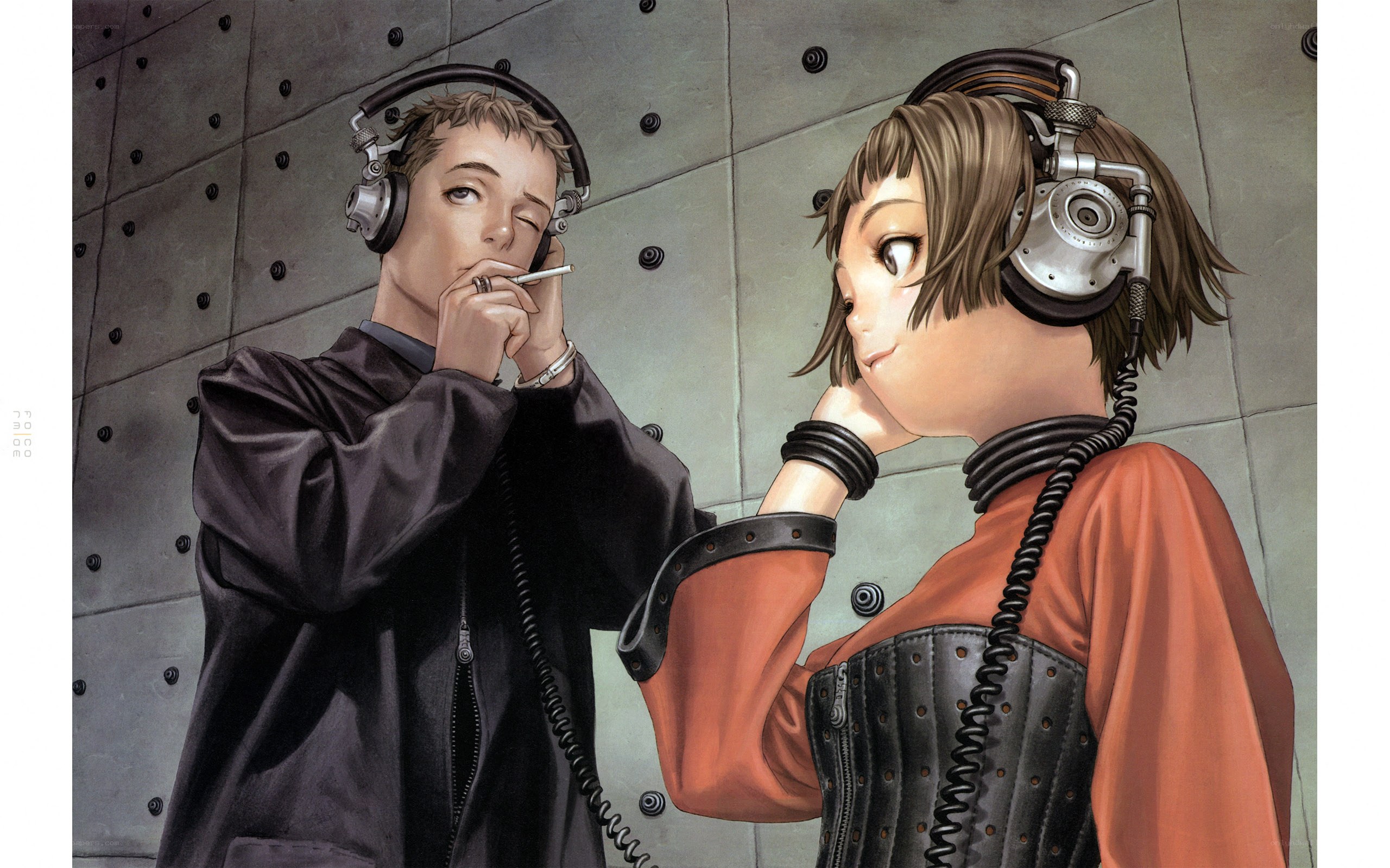 two people with headphones