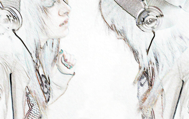 two people with headphones