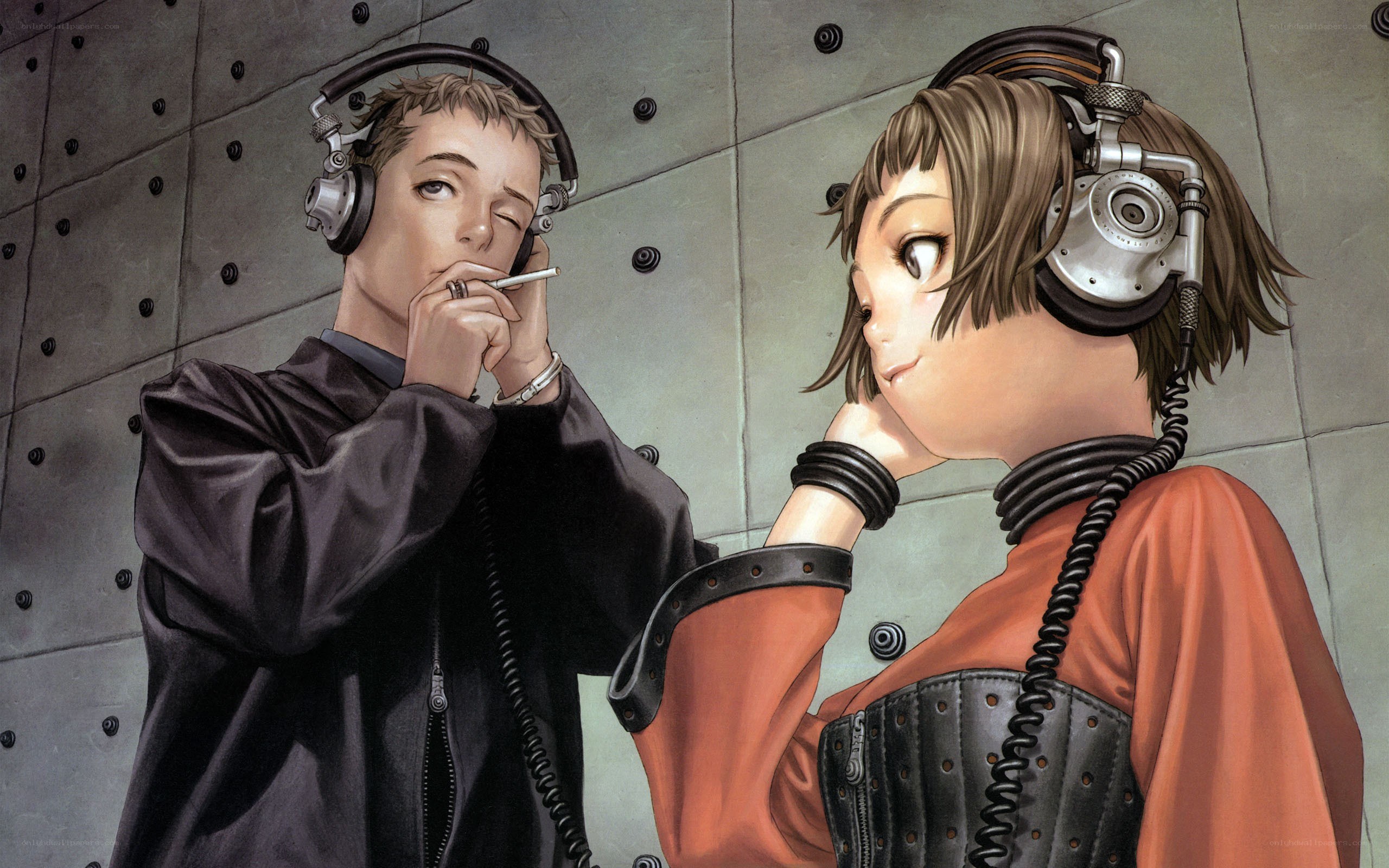 two people with headphones