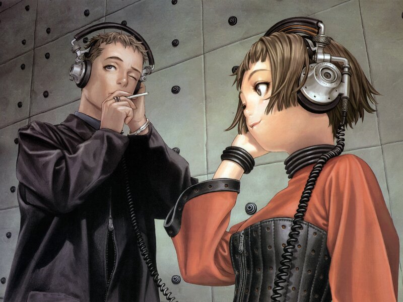 Two People with Headphones — Gray, Dramatic, Manga