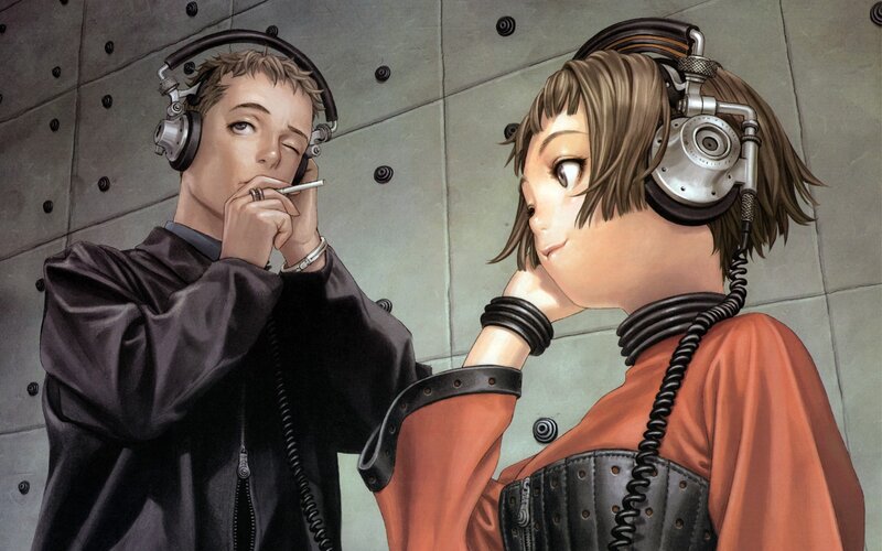 Two People with Headphones — Gray